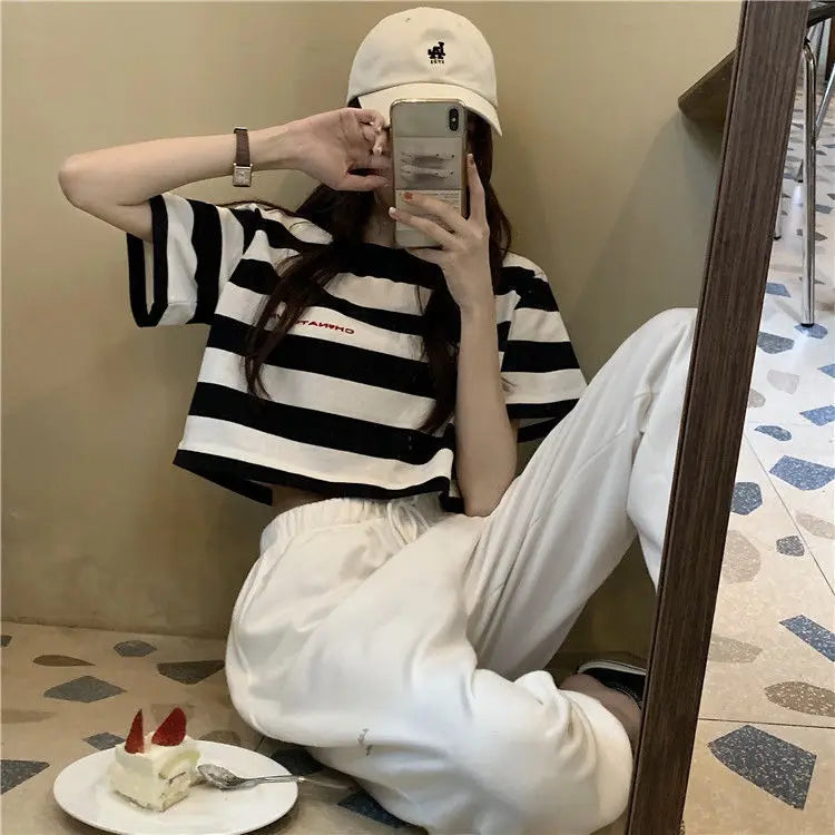 Black White Striped Cropped Top Women Summer New Korean Loose Short-sleeved T-shirt Fashion Egirl Letter Print Oversized Shirt
