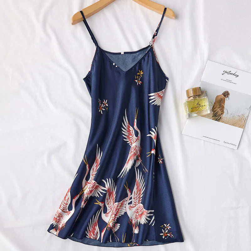 Burgundy Women 2PCS Faux Silk Kimono Robe Gown Sets Sexy Print Crane Nightdress &Bathrobe Lingerie Nightgown Summer Sleepwear