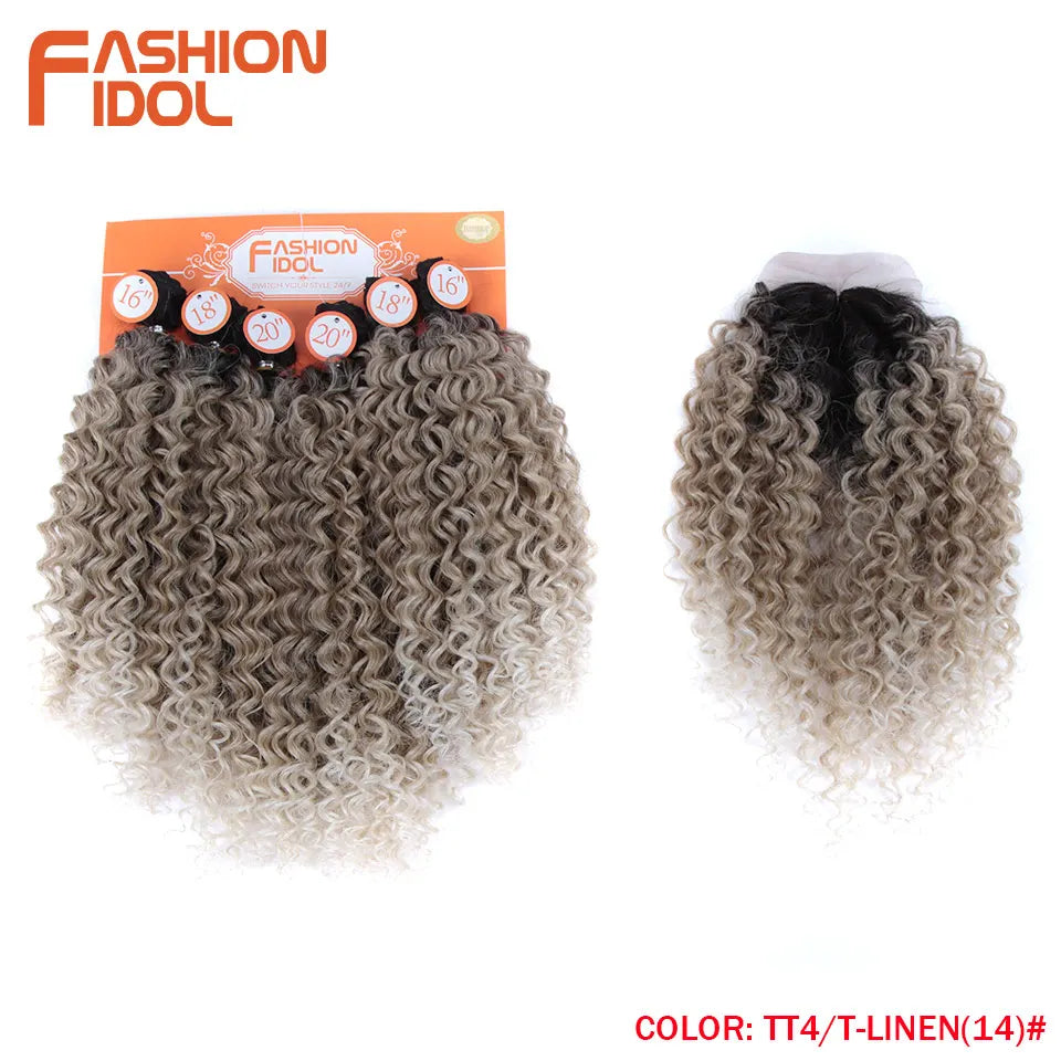 FASHION IDOL Afro Kinky Curly Hair Extensions 16-20 inch Synthetic Hair Bundles Lace With Closure Weave Ombre Blonde Fake Hair