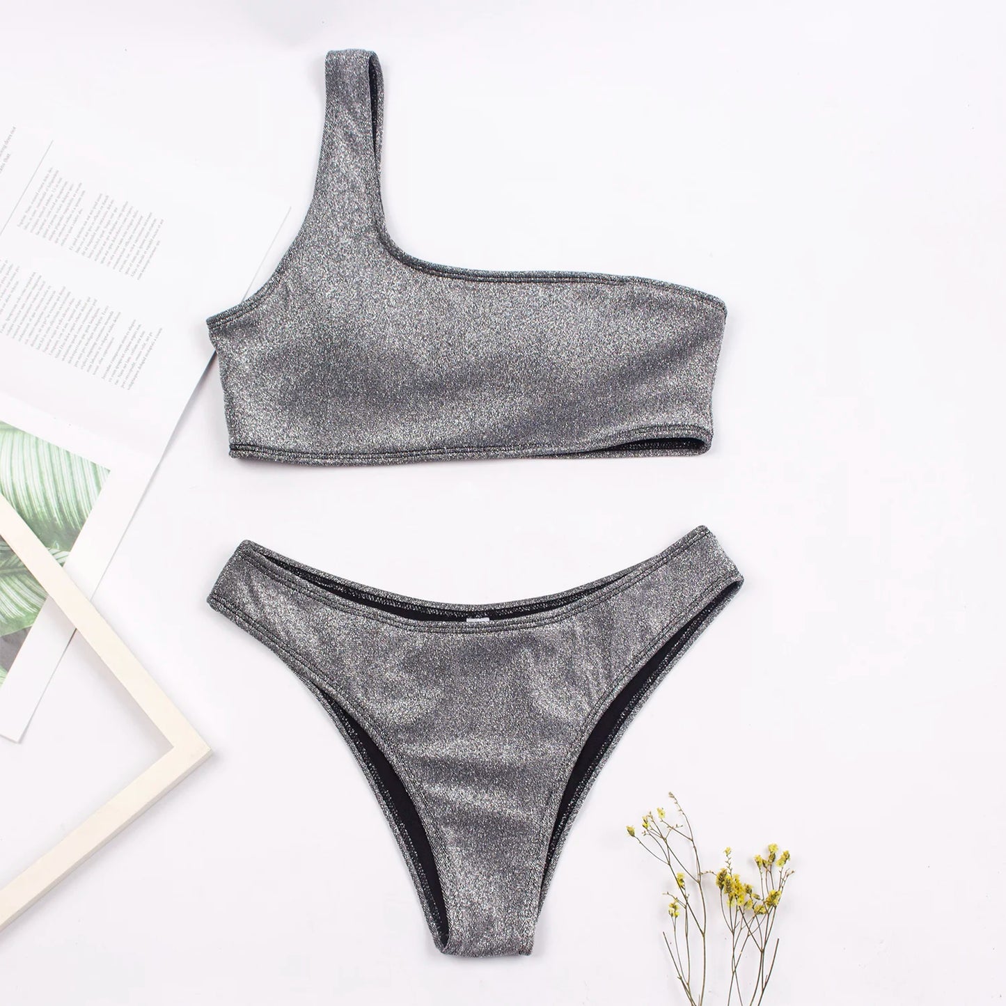 Women Sexy Bikini Set Biquini Ladies One Shoulder Blingbling Swimsuit  Female Two Piece Glitter Solid Color SwimwearW2023