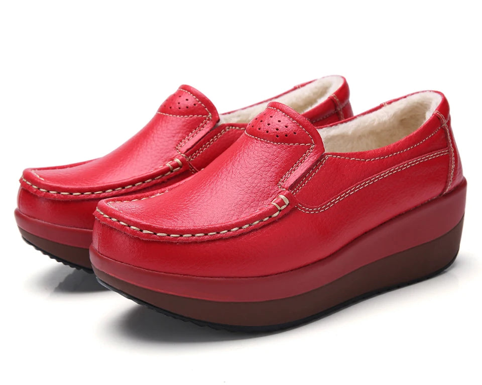 Women's Spring Autumn Genuine Leather Loafers - Fall Slip-On Round Toe Navy Platform Casual Flat Shoes