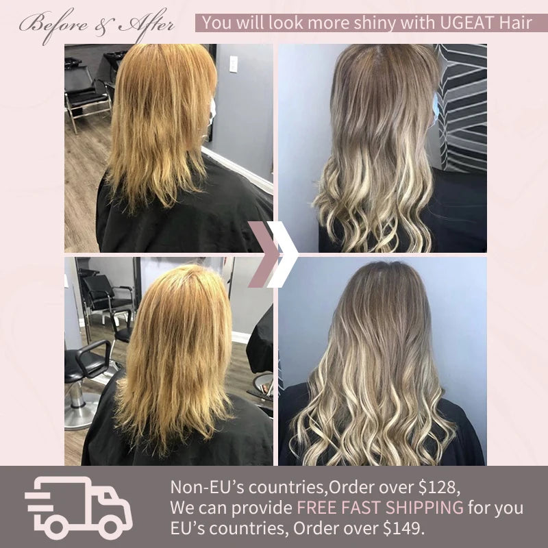 Ugeat Clip In Human Hair Extensions Blonde Color Seamless Invisible Full Head Balayage Soft Remy Hair Extensions For Salon