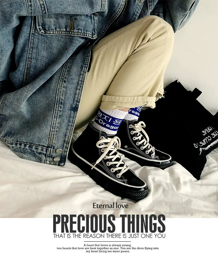 Classic Solid Black Unisex Canvas Shoes  New Spring High-top Outdoor Casual Sneakers Comfortable Breathable Footwear 35-44