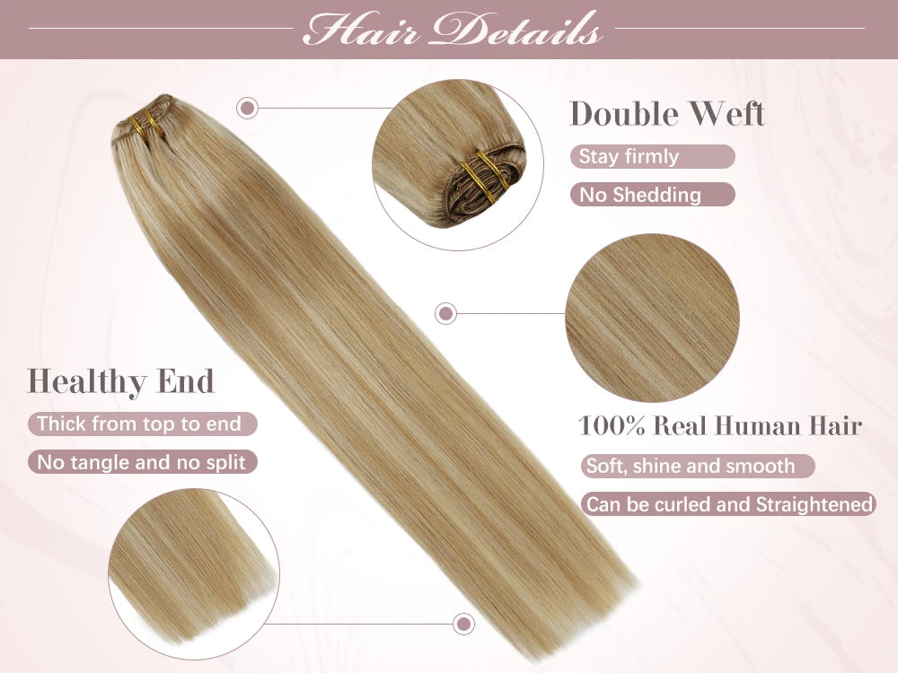 Ugeat Clip In Human Hair Extensions Blonde Color Seamless Invisible Full Head Balayage Soft Remy Hair Extensions For Salon