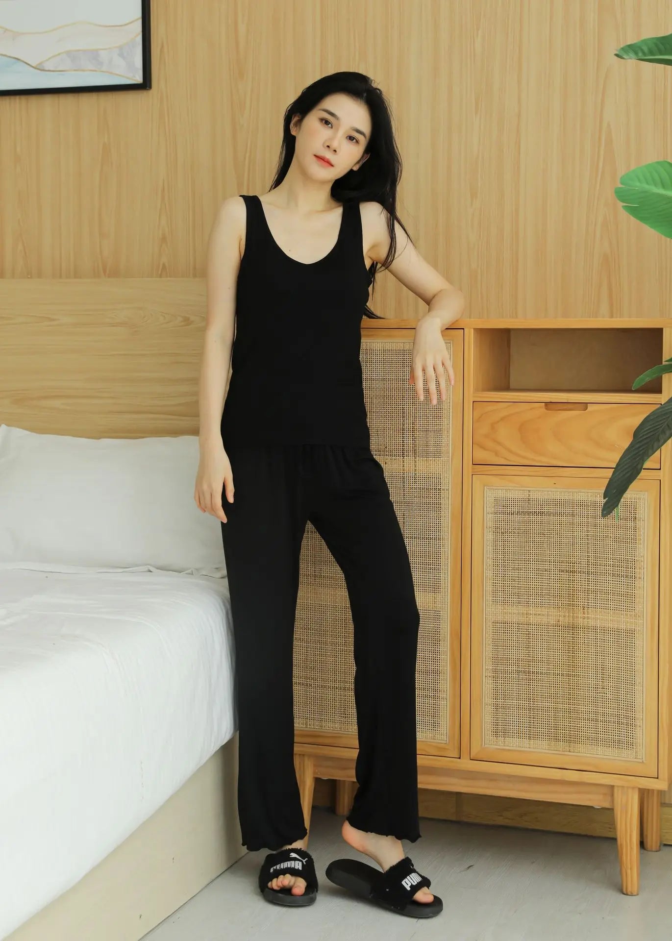 Fdfklak Modal Women's Vest Trousers Suit Pajamas Chest Pads Bra Bottoming Loose Lotus Leaf Pants Two Piece Set Home Clothes