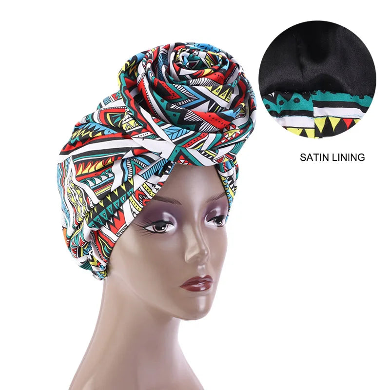 African Print Stretch Bandana Head Wrap Long Scarf Satin Floral Ankara Dashiki Women Party Turban Headwear Cap Hair Accessories