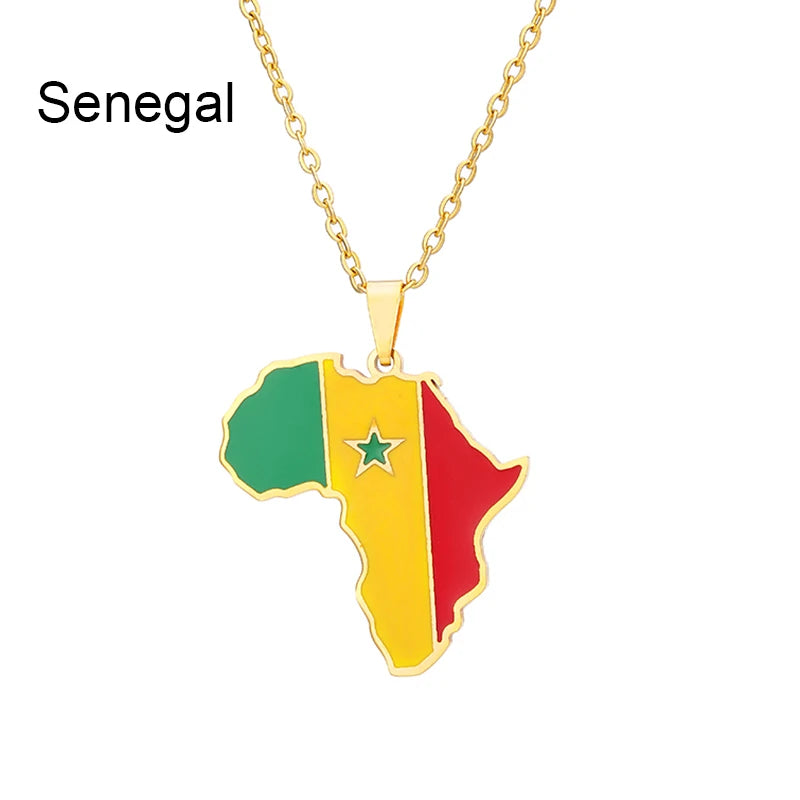 African Map Flag Pendant Necklace Stainless Steel Men Women Rwanda Sudan Uganda Zimbabwe Zambia Ethnic Maps Jewelry Gift