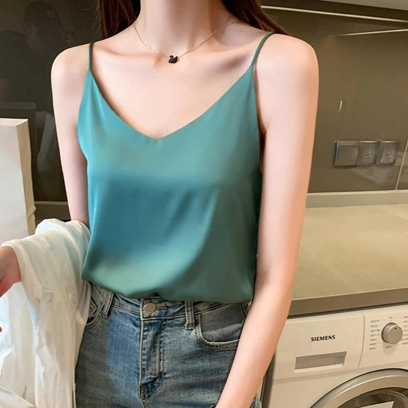 Casual V-Neck Sexy Solid Satin Woman Camis Tank Tops Chiffon Sleeveless Camisole Top Halter Camis Tops