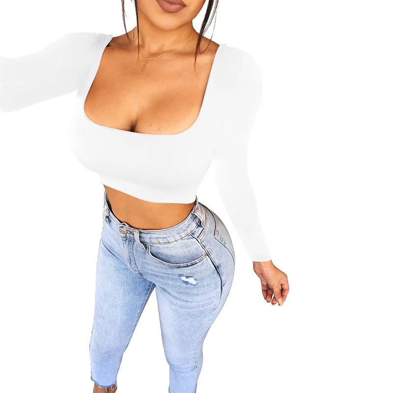 Women Summer Spring Crop Top Square Neck Long Sleeve Black White Tee