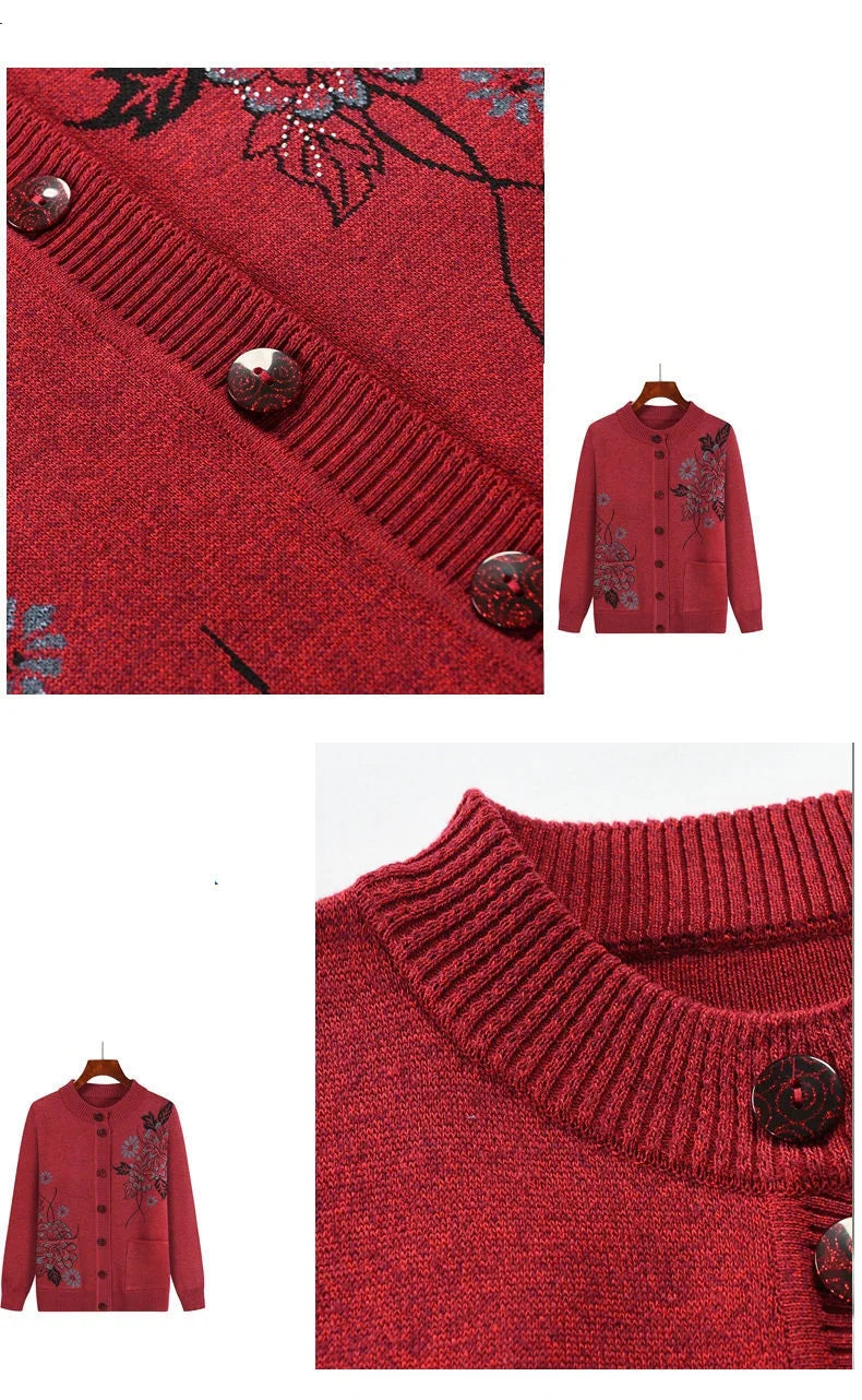 Grandma Embroidered Knit Cardigan Jacket Autumn Winter Loose O Neck Long Sleeve Pocket Sweater Coat Casual Female Outwear Tops