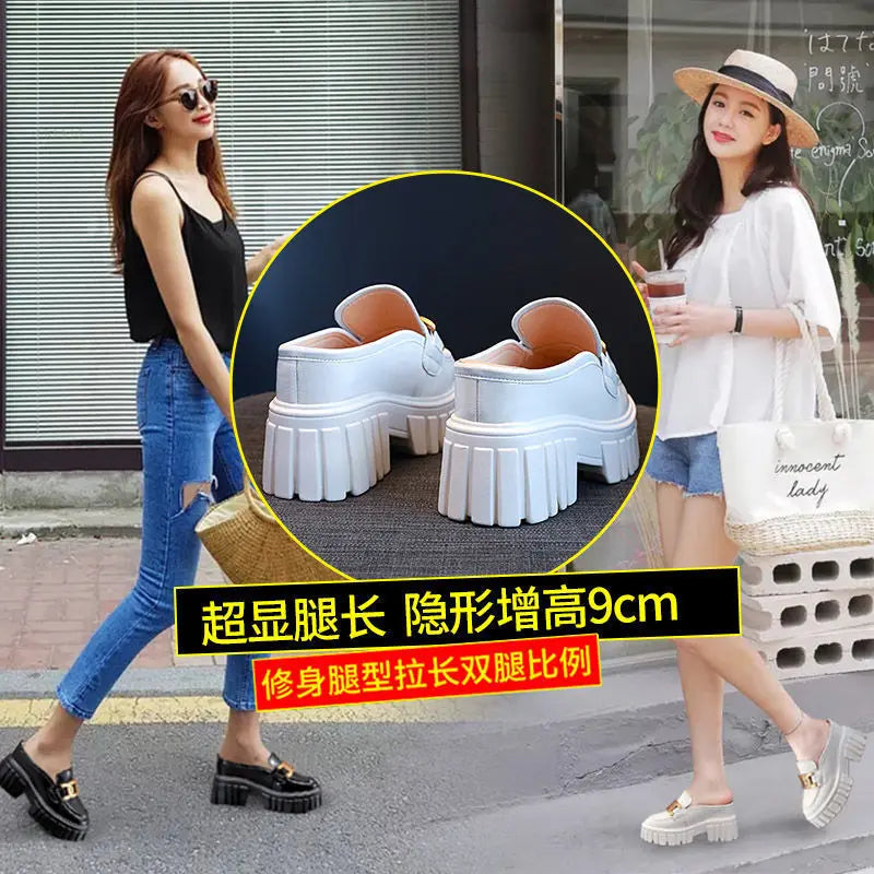 Leather Closed Toe Half Slippers Women Summer 2023 New Fashion Thick Bottom Internet Celebrity Lazy Sandals Shoes Women