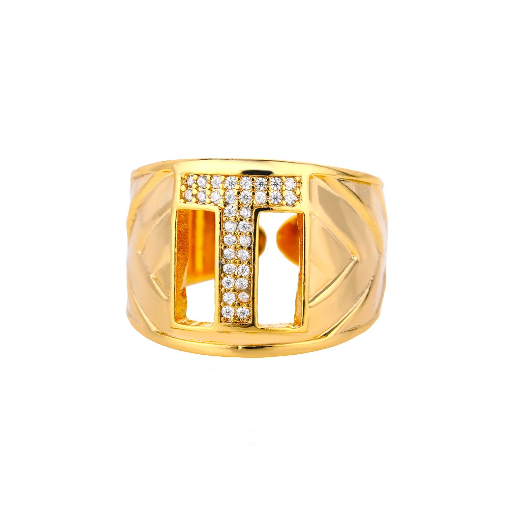 Chunky Zircon Initial Letter Rings For Women Stainless Steel Hip Hop Jewelry