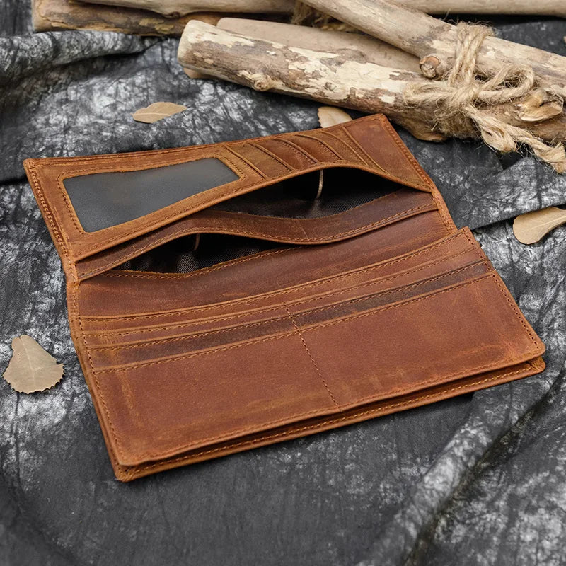 Men's Crazy Horse Leather Long Wallet Brown Real leather Trifold clutch snap purse Hasp purse with Phone pocket and coin pocket