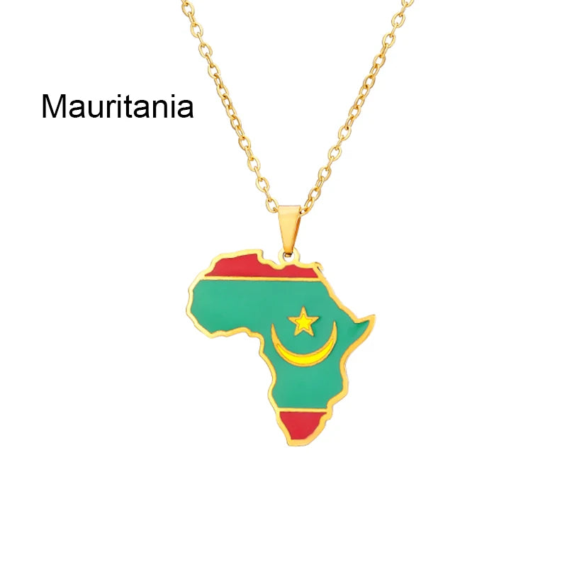 African Map Flag Pendant Necklace Stainless Steel Men Women Rwanda Sudan Uganda Zimbabwe Zambia Ethnic Maps Jewelry Gift