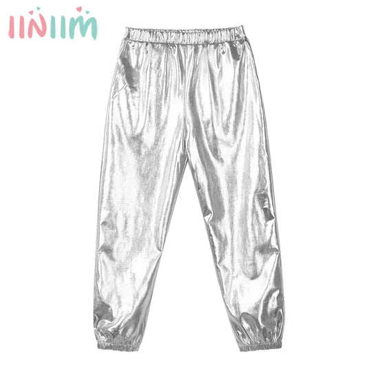 Kids Girls Fashion Party Clothes Glossy Metallic Elastic High Waist Dance Pants Hip Hop Trousers Streetwear Dancewear Sweatpant
