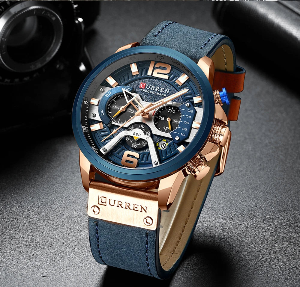CURREN New Men's Casual Sports Chronograph Blue Top Brand Luxury Military Leather Watch Calendar Clock Relogio Masculino