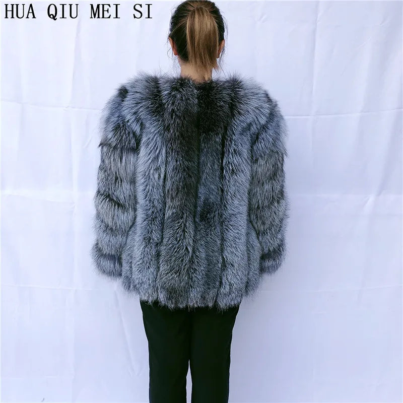 HUAQIUMEISI Real fox fur coat women's autumn and winter vertical bar natural fox jacket new fashion silver fox fur coat