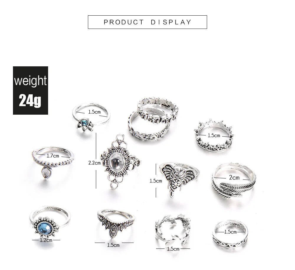12pcs/Set Fashion Elephant Knuckle Rings Set For Women Crystal Stone Feather finger Ring Female Boho Party Jewelry Gift
