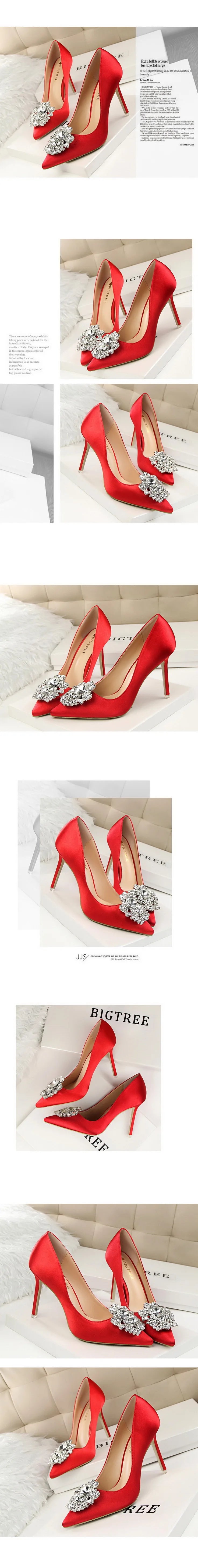 BIGTREE Women Heels Metal Rhinestones Woman Pumps Wedding Shoes High Heels Shoes Gold Silver Sexy Party Shoes Large size 42 43