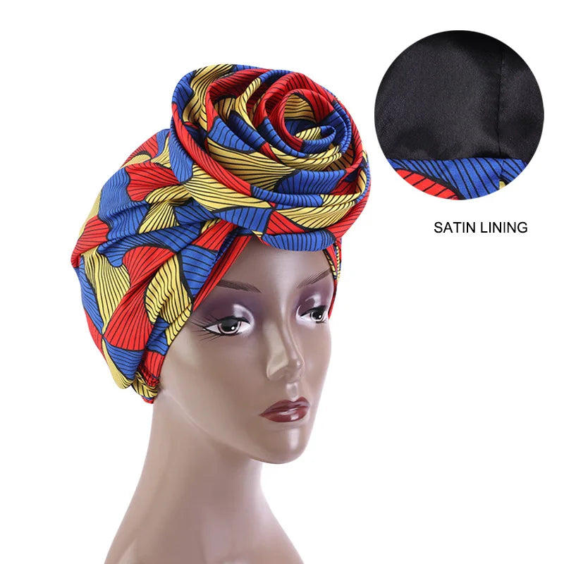 African Print Stretch Bandana Head Wrap Long Scarf Satin Floral Ankara Dashiki Women Party Turban Headwear Cap Hair Accessories