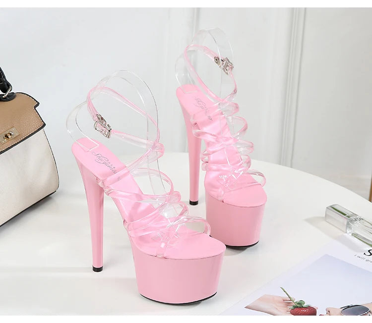 2022 Summer 15cm 17cm 20cm Transparent PVC Strap Sandals Women High Heels Platform Shoes Woman Cross Strap Sandals Big Size 43