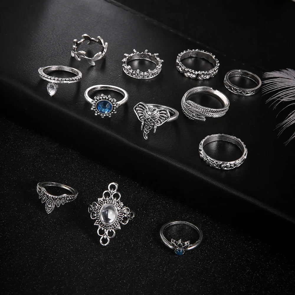 12pcs/Set Fashion Elephant Knuckle Rings Set For Women Crystal Stone Feather finger Ring Female Boho Party Jewelry Gift