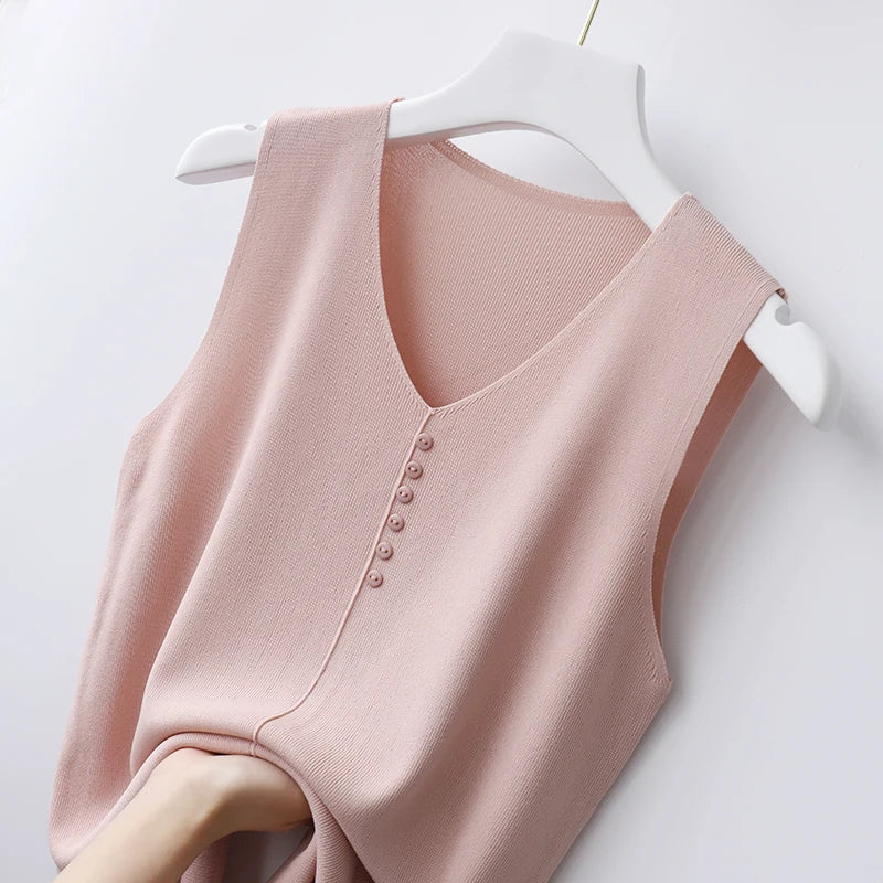 Knitted Vests Women Top V-neck Solid Tank Blusas Mujer De Moda 2026 Summer New Fashion Female Sleeveless Casual Thin Tops