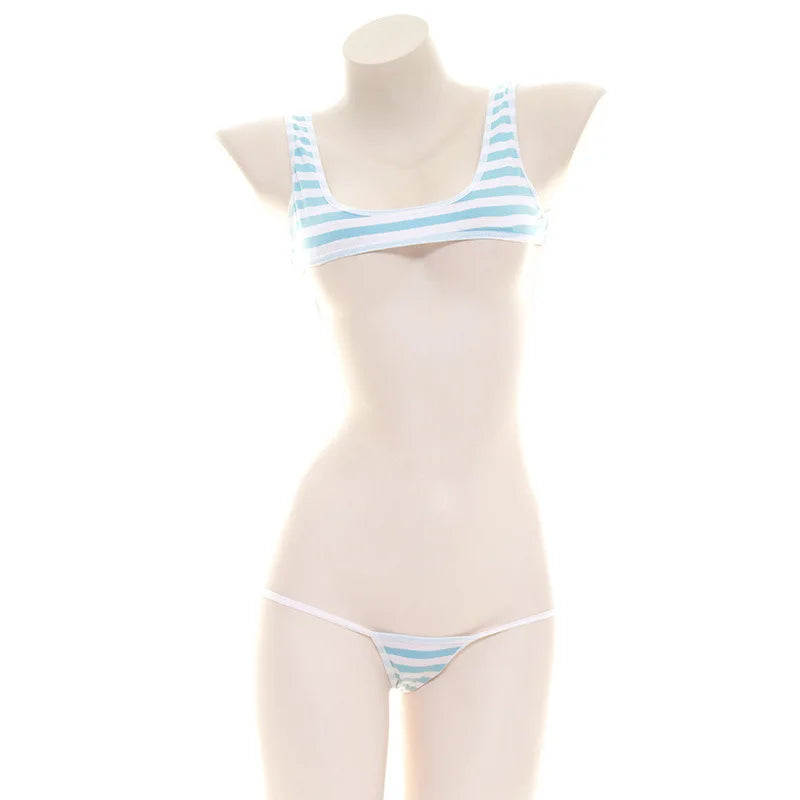 Sexy Women Underwear Set  Striped Bikini Thigh High Stocking Swimsuit Erotic Costumes Cosplay Japanese Anime Bra Briefs