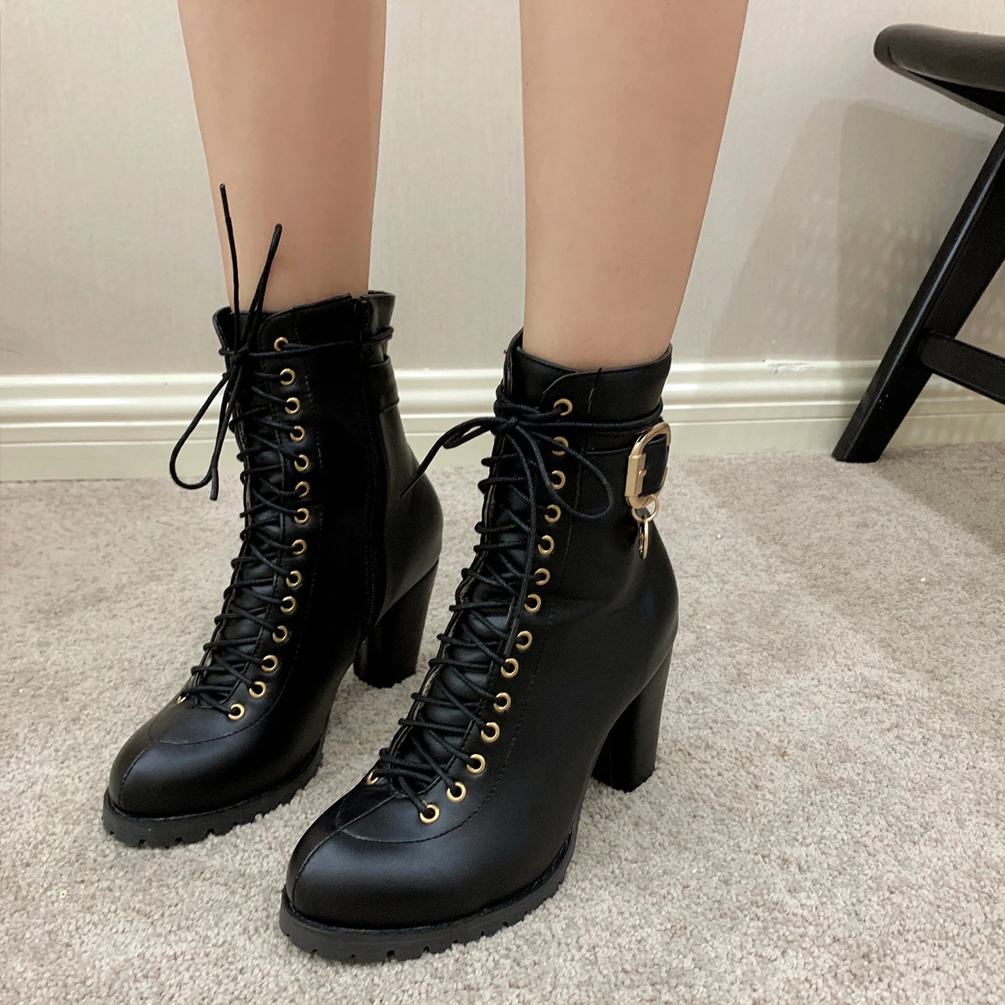 Women's Autumn Lace-Up Chunky Heel Ankle Boots with Belt Buckle Side Zipper High Heels Booties Lace Up Design Classic Lolita