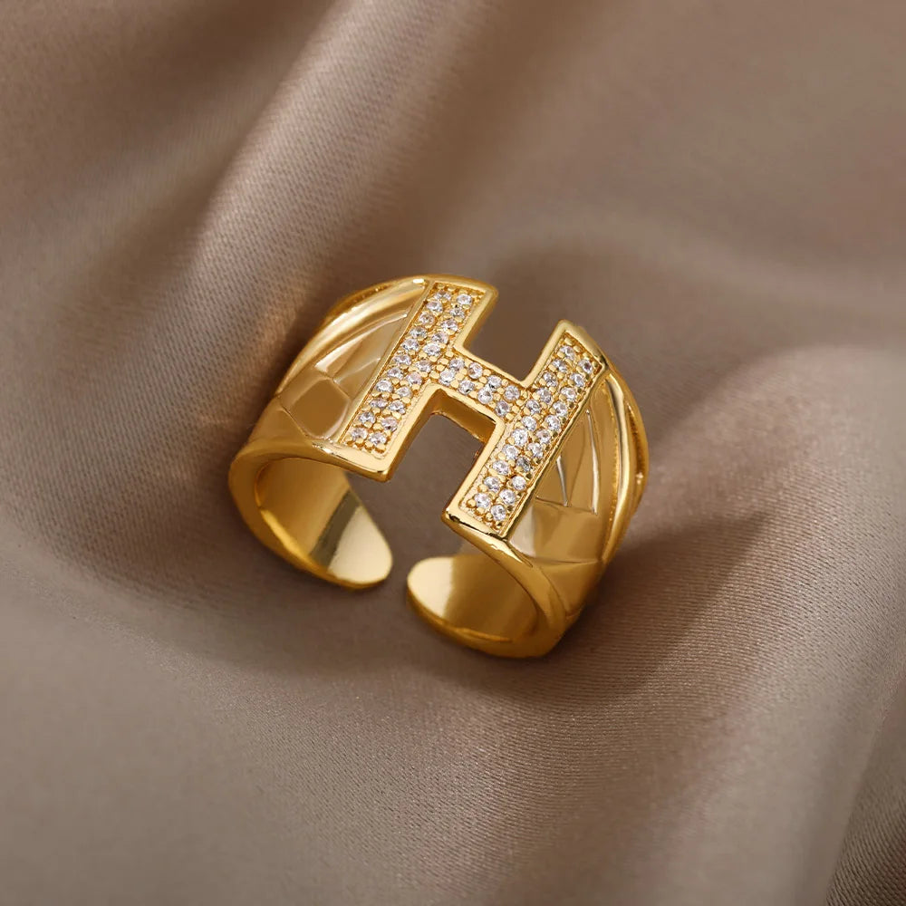Chunky Zircon Initial Letter Rings For Women Stainless Steel Hip Hop Jewelry