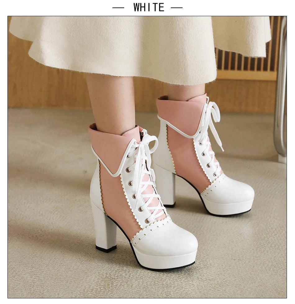 Gdgydh Korean Sweet Cosplay Lolita Shoes Women Ankle Boots High Heels Ruffles Dress Wedding Shoes Bride Mixed Colors Lace Up