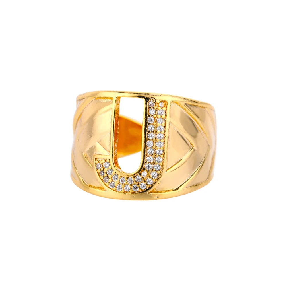 Chunky Zircon Initial Letter Rings For Women Stainless Steel Hip Hop Jewelry