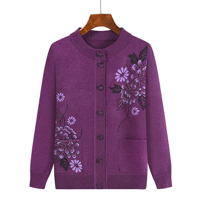 Grandma Embroidered Knit Cardigan Jacket Autumn Winter Loose O Neck Long Sleeve Pocket Sweater Coat Casual Female Outwear Tops