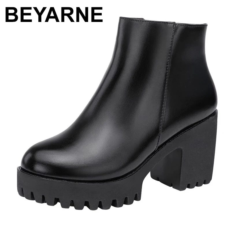 BEYARNE Small Size 32 -43 Block Heel Platform Shoes Fall Winter  OL Elegant High Heels Ankle Boots Women Warm Plush Boot