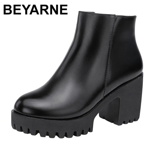 BEYARNE Small Size 32 -43 Block Heel Platform Shoes Fall Winter  OL Elegant High Heels Ankle Boots Women Warm Plush Boot