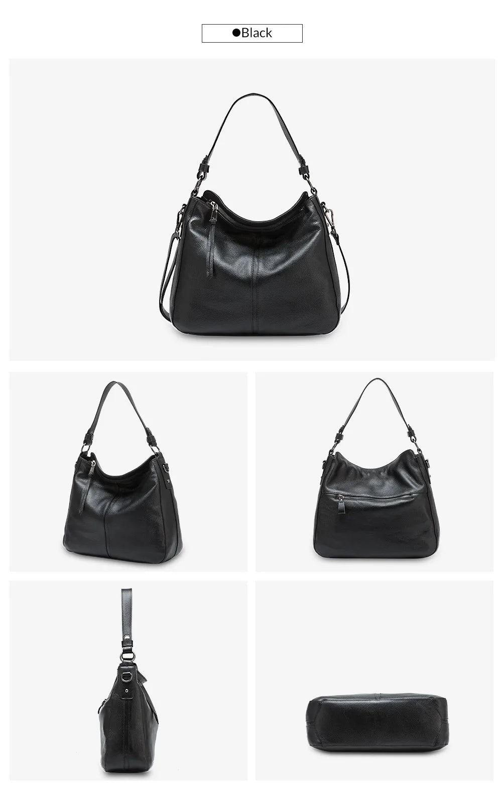 Zency 100% Genuine Leather Elegant Women Shoulder Bag Classic Black Hobos Roomy Casual Tote Handbag Crossbody Messenger Grey