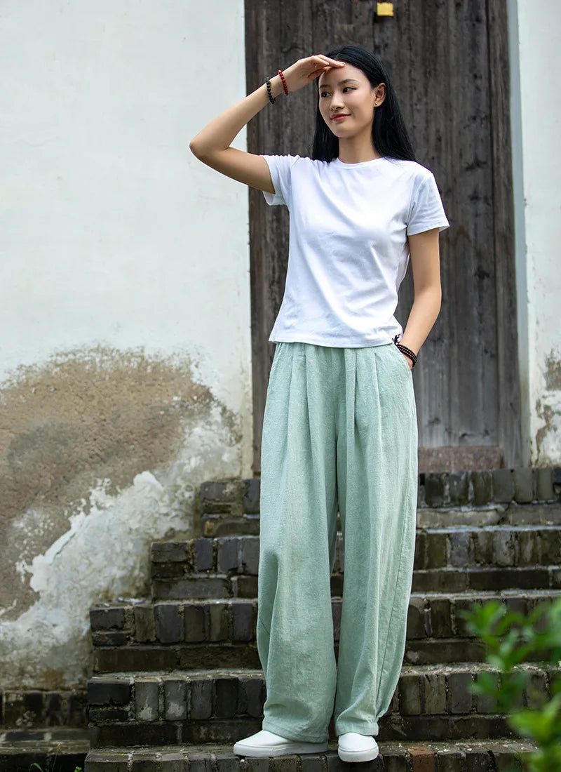 Johnature Women Loose Cotton Linen Casual Pants Solid Color Elastic Waist Lantern Pants 2025 Spring New Female Trousers
