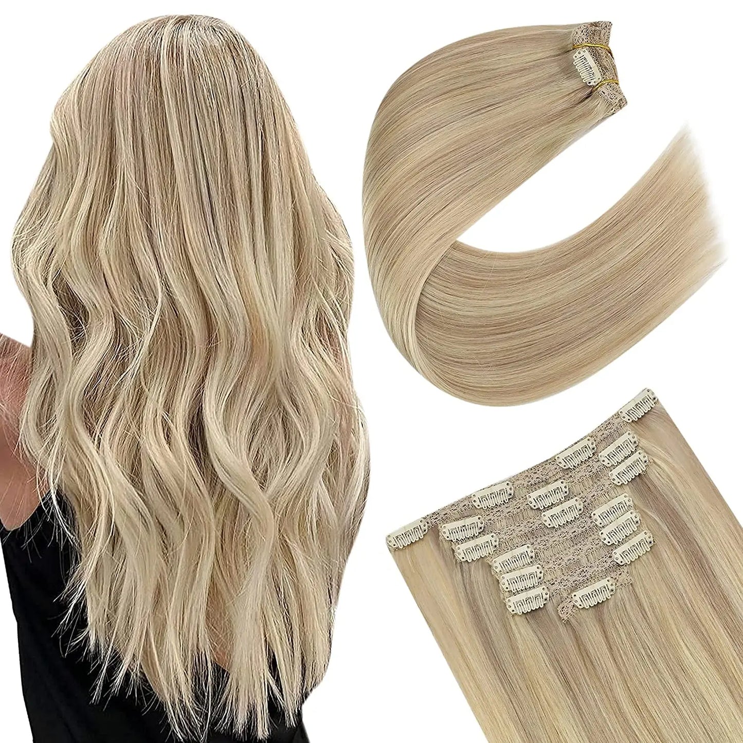 Ugeat Clip In Human Hair Extensions Blonde Color Seamless Invisible Full Head Balayage Soft Remy Hair Extensions For Salon