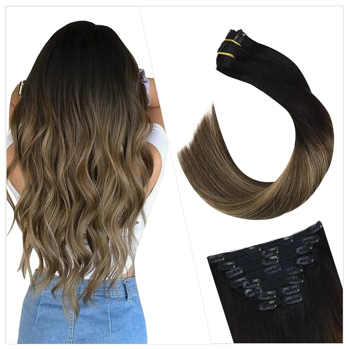 Ugeat Clip In Human Hair Extensions Blonde Color Seamless Invisible Full Head Balayage Soft Remy Hair Extensions For Salon
