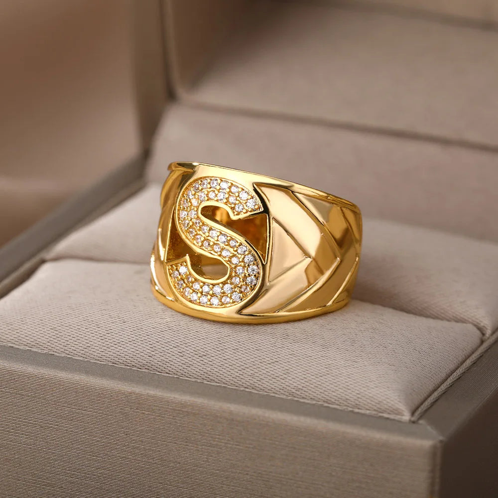 Chunky Zircon Initial Letter Rings For Women Stainless Steel Hip Hop Jewelry