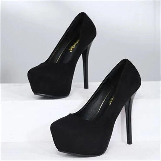 Women's Super High Heels Flock Platform Pumps Night Club Sexy Thin Heel plus Size Big Footwear 14cm