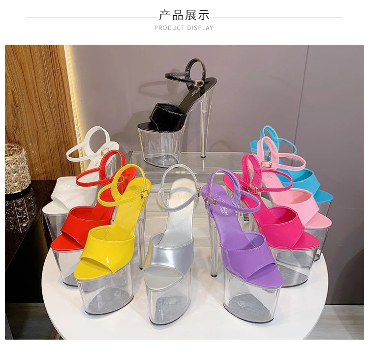 Summer Sandalias Mujer 2024 Sandales Sexy 20cm High Heels Patent Leather Crystal Stripper Platform Heels Women Shoes