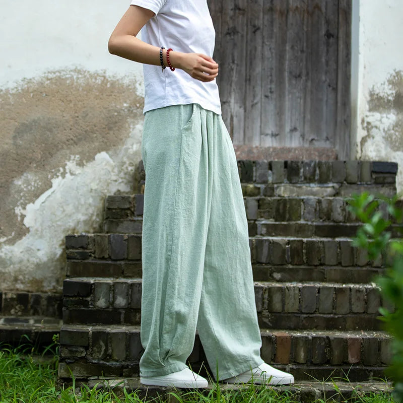 Johnature Women Loose Cotton Linen Casual Pants Solid Color Elastic Waist Lantern Pants 2025 Spring New Female Trousers