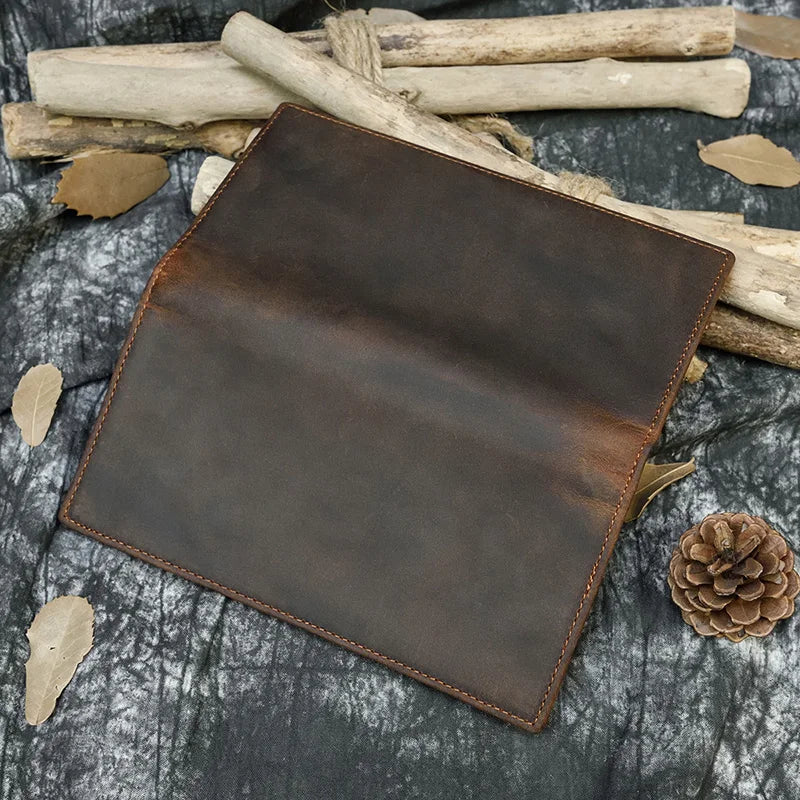 Men's Crazy Horse Leather Long Wallet Brown Real leather Trifold clutch snap purse Hasp purse with Phone pocket and coin pocket