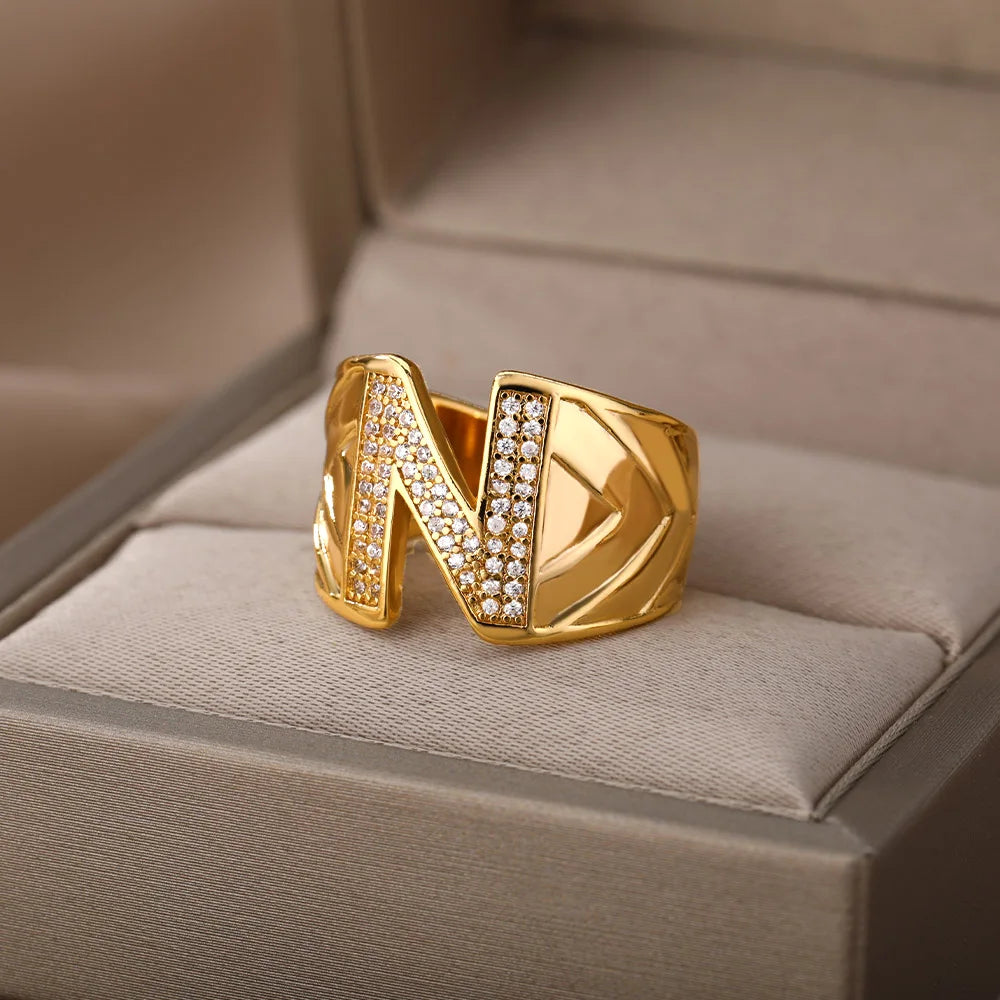 Chunky Zircon Initial Letter Rings For Women Stainless Steel Hip Hop Jewelry