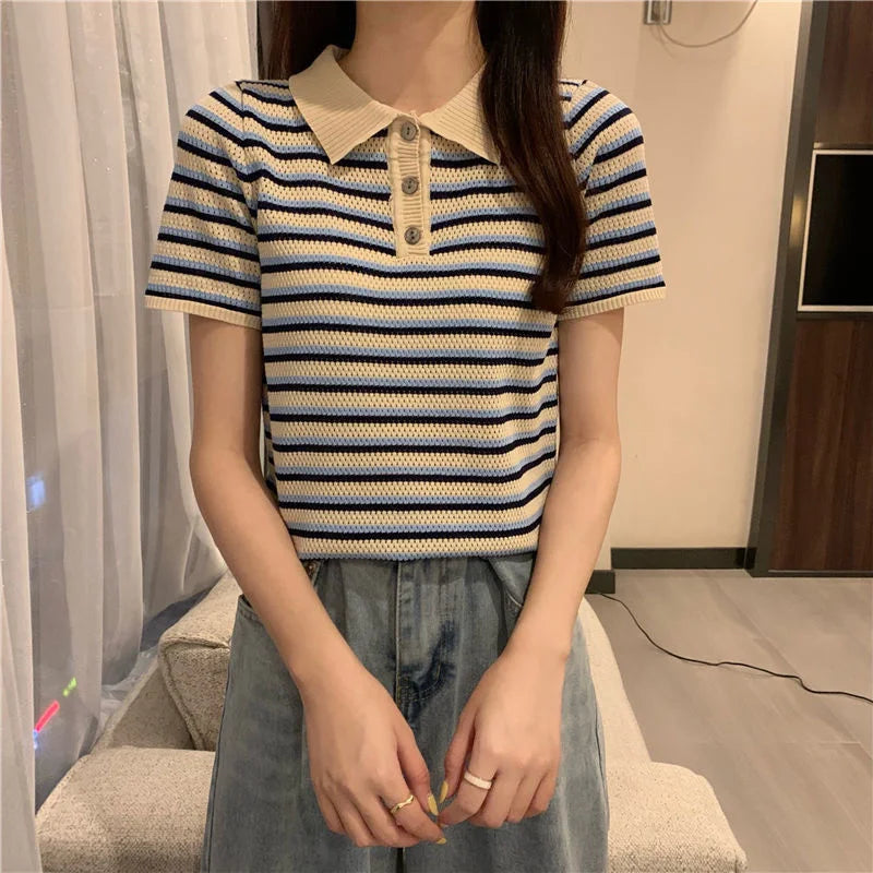 Woman TShirts Top Summer Women's 2021 Striped Knitted Short-Sleeved  Crop Top Mujer Camisetas