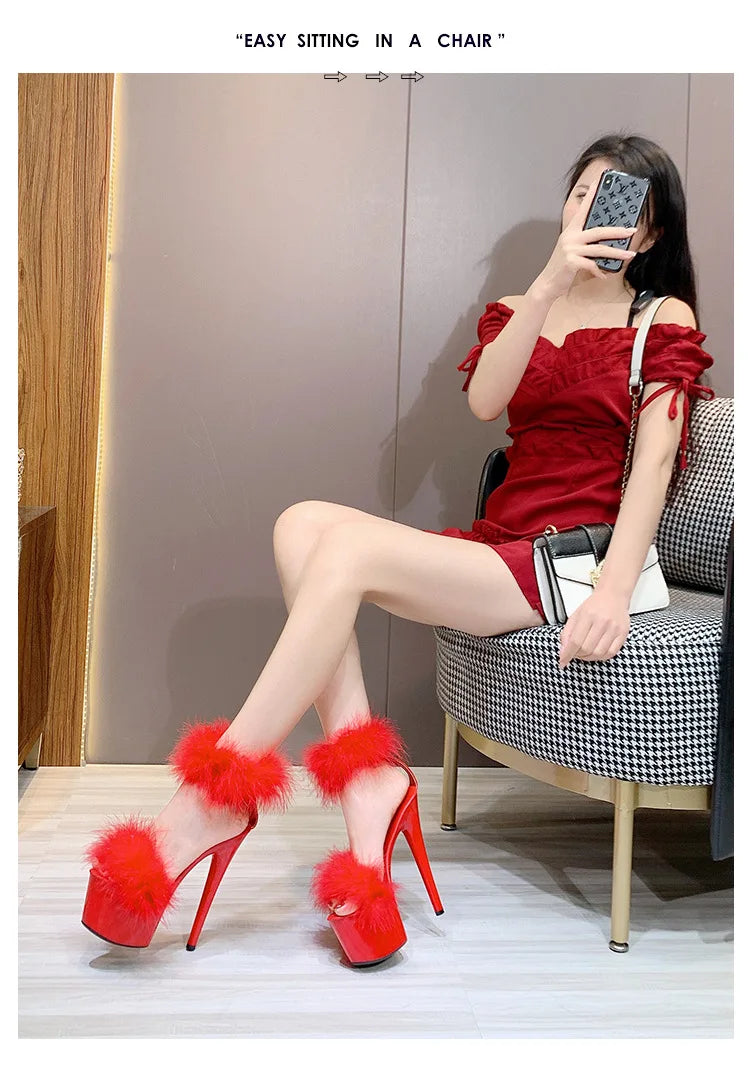 17CM Fur Womens Party Shoes Fashion 2023 Summer Sexy Exquisite Open Toe Ladies Shoes Female Stiletto Super High Heel Sandals