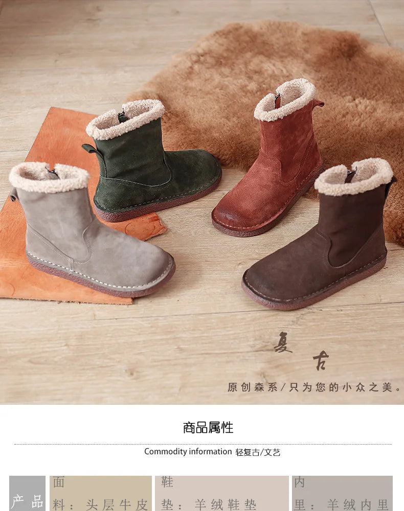 Careaymade-Genuine cow leather Snow cotton round head flats woolen short boots plush warm snow boots Oversized shoes size 35-43