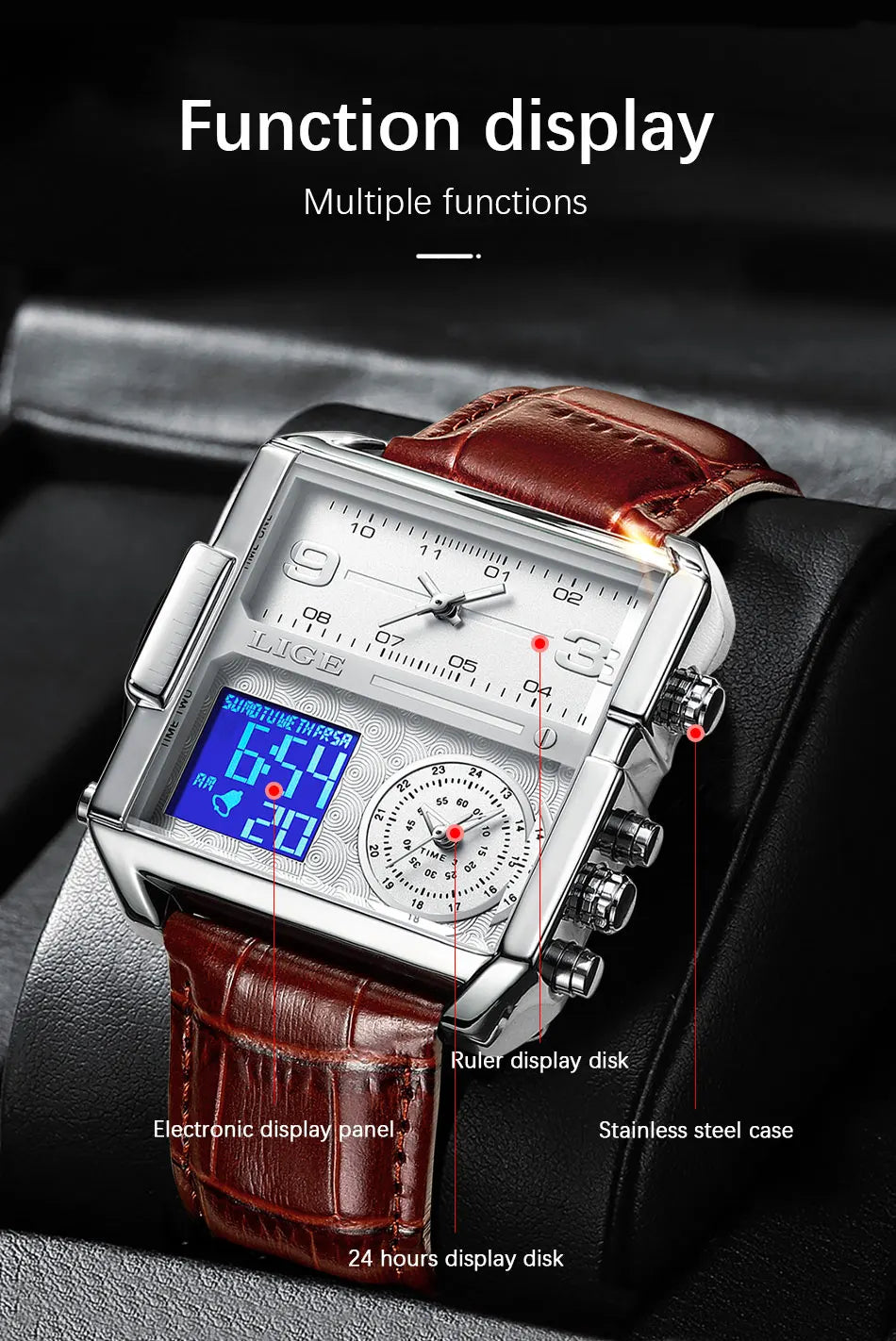 LIGE 2025 Top Brand Luxury Mens Watches Square Digital Sports Quartz Wrist Watch for Men Waterproof Stopwatch Relogio Masculino