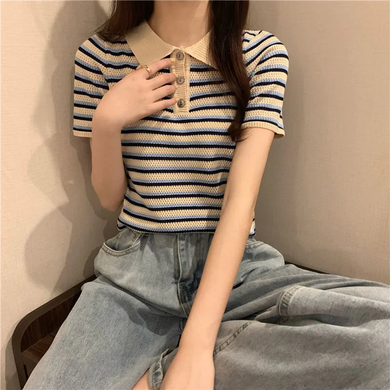 Woman TShirts Top Summer Women's 2021 Striped Knitted Short-Sleeved  Crop Top Mujer Camisetas